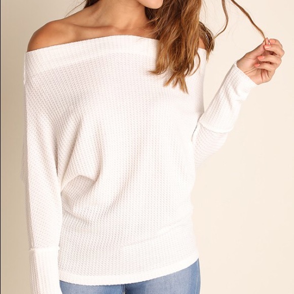 Off White Knit Off Shoulder Batwing Top - Picture 2 of 5